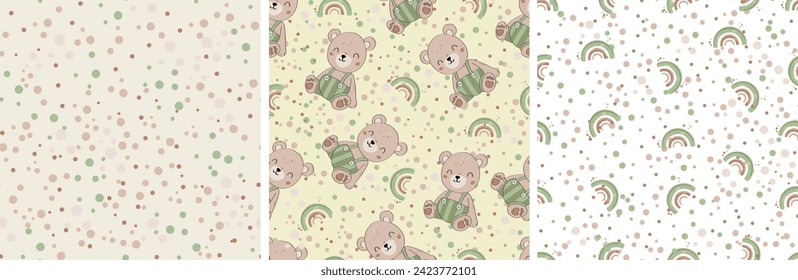 Set of three seamless vector pattern. Bears and rainbows on a yellow background. Rainbows and dots on a White background. Colorful doc on a beige background.