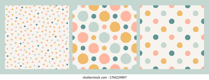 Set Of Three Seamless Vector Patterns. Hand-drawn Circles, Confetti And Polka Dot Backgrounds. Neutral Pastel Square Designs Collection. Modern Print In Yellow, Blue And Pink On Off-white Background.
