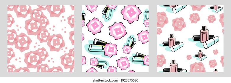 Set of three seamless vector patterns. Drawn camellia flowers and skin care cosmetics. Delicate pink colors trendy vector illustration. Each pattern is isolated