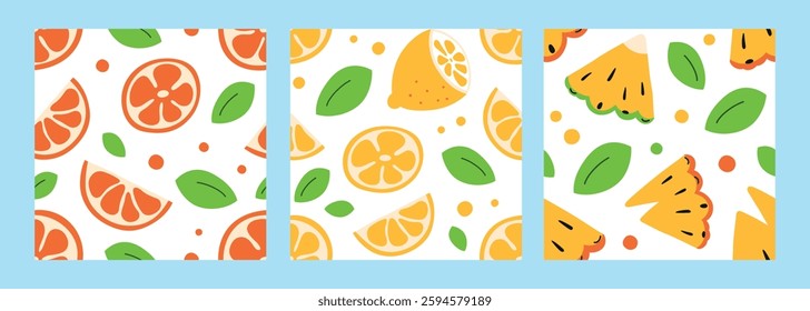 Set of three seamless vector patterns with pineapples, lemons, and oranges with tropical leaves. Bright, fresh, and minimalistic summer backgrounds with fruit slices, fabric, wrapping paper, prints
