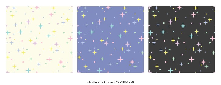 Set of three seamlesses patterns with colorful stars and hand drawing shapes on light, lavender and dark background. Cute and colorful print for kids, gift cover, card. Vector illustration.