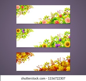 Set of three seasons banners with floral frame. Spring, summer and autumn foliage and flowers. Vector illustration isolated on white background.