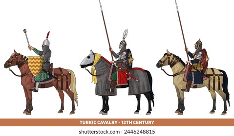 Set of Three Seljuk or Turkic Heavy Cavalrymen or Horsemen From 11th or 12th Century During Crusades, Isolated on White Background, Vector EPS 10