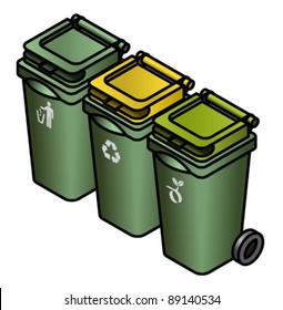 A set of three separate bins - trash, recycle and compost