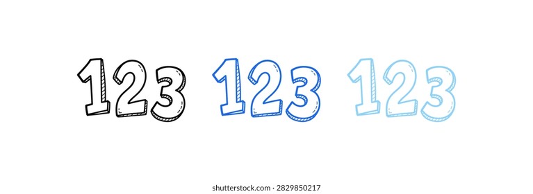 A set of three sequences showing the numbers one two and three in a playful hand drawn doodle style with varying outline colors
