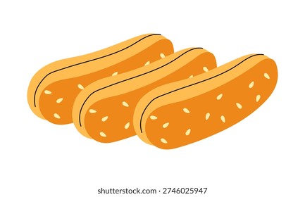 Set of three sesame buns for hot dogs isolated on white background. Flat illustration for fast food menu design, bbq party posters, bakery shop banners or cooking lifestyle icons.