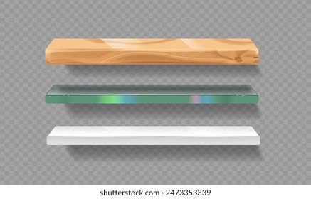 Organisation Satz von drei Regalen mit verschiedenen Materialien Holz, Glas und Kunststoff für Innenarchitektur, Lagerung