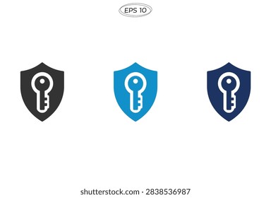 A set of three shield icons featuring a key symbol representing digital security encryption and safety for web and mobile applications