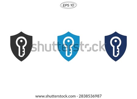 A set of three shield icons featuring a key symbol representing digital security encryption and safety for web and mobile applications