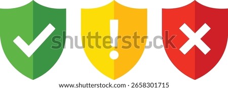 A set of three shields in green, yellow, and red. They feature a check mark, an exclamation point, and an x mark, respectively, for security and validation.