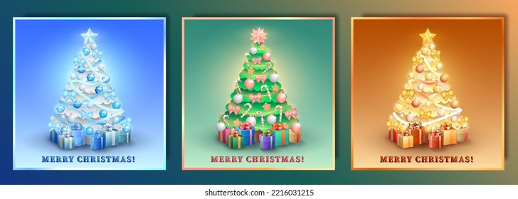 Set of three shiny Christmas cards - luxury golden, bright pink and frosty silver posters with Xmas tree, decorations and colorful gifts. Pine with baubles, tinsel, bows, stars, bells and presents