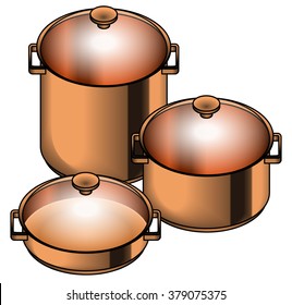 A set of three shiny copper cooking pots - stock, soup, paella and risotto pots.
