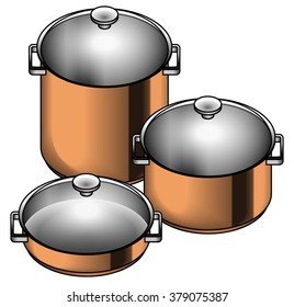 A set of three shiny copper cooking pots - stock, soup, paella and risotto pots.
