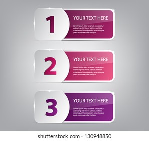 Set of three shiny plastic banners for infographics, business design, number options, step presentation, reports, web design or workflow layout. Modern and glossy style