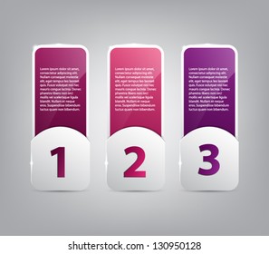 Set of three shiny plastic banners for infographics, business design, infographics, number options, step presentation, reports, web design or workflow layout. Modern and glossy style