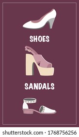 Set with three shoes in vector illustration. Isolated on purple background. Poster, card, design. Boots, clothes, casual, foot, heel, sandals.