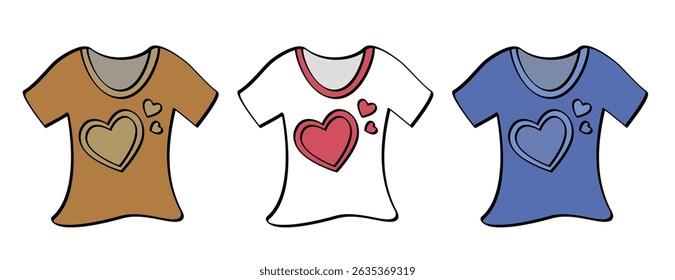 Set of three short sleeve t-shirts in brown, white, and blue with heart designs
