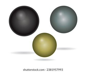 set of three shot put balls, black, grey and gold isolated on a white background