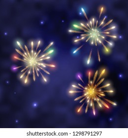 Set of three shots of a multi-colored festive salute against the dark blue starry night sky