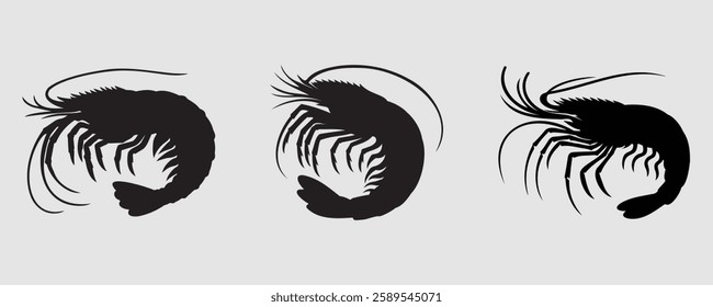 Set of three shrimp silhouettes in different poses, featuring detailed antennae and legs. A simple vector illustration ideal for seafood, marine life, fishing, and culinary designs