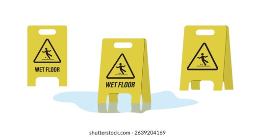 Set of three signs. Caution wet floor, slippery way after cleaning. Yellow plastic warning sign on slick wet floor, icon or sign template isolated on white background. flat design vector illustration