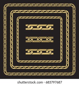 Set of three silhouette chains, seamless brush for border, divider or frame. Gold color on black background