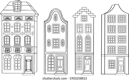 Set of three silhouette of old european houses and three street lanterns. Stylized freehand drawn picture. Isolated on white. Romantic illustration for postcard or real estate. Vector illustration