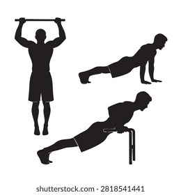 Set of three silhouette vector illustrations featuring athletes performing pull-ups, push-ups, and parallel bar dips. Isolated on a white background. Suitable for fitness, bodyweight training, calisthenics, gym, and sports themes.