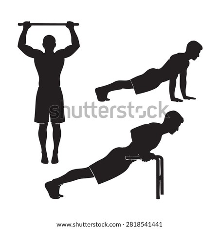 Set of three silhouette vector illustrations featuring athletes performing pull-ups, push-ups, and parallel bar dips. Isolated on a white background. Suitable for fitness, bodyweight training, calisthenics, gym, and sports themes.