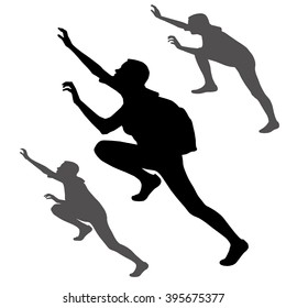 Set of three silhouettes girl, woman, climber with a backpack. Pose of the tourist who reaches for top during rise up. The climber achieves the objectives. Persistence during ascension on top. Vector.