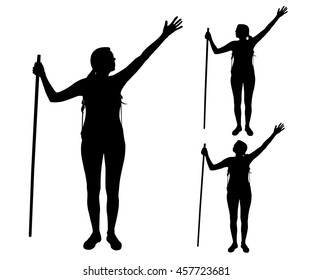 Set of three silhouettes - girl, woman, climber, tourist, rock-climber with a backpack on a back. Walking tourist with the tail of hair on the head. Tourist with a stick in hands, on the move. Vector