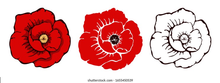 Set of three silhouettes of poppy flowers isolated on a white background. Remembrance day symbol.  Vector illustration drawing in hand drawn style. 