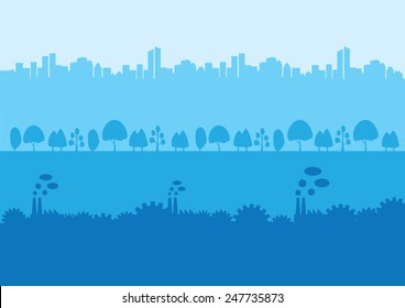 Set of three silhouettes - urban city skyscrapers, trees and plants in nature, industrial factories with chimney, for background design in shades of blue