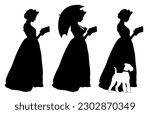 Set of three silhouettes of young victorian woman reading book, holding sun umbrella and flanked by terrier dog. 