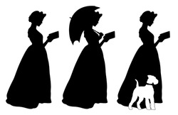Set Of Three Silhouettes Of Young Victorian Woman Reading Book, Holding Sun Umbrella And Flanked By Terrier Dog. 