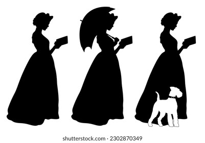 Set of three silhouettes of young victorian woman reading book, holding sun umbrella and flanked by terrier dog. 