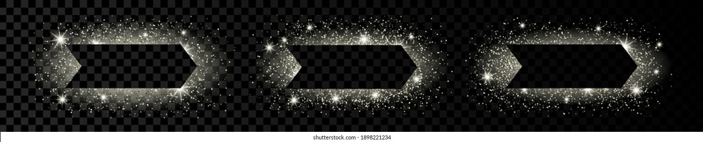 Set of three silver arrow frames with glitter, sparkles and flares on dark transparent  background. Empty luxury backdrop. Vector illustration.