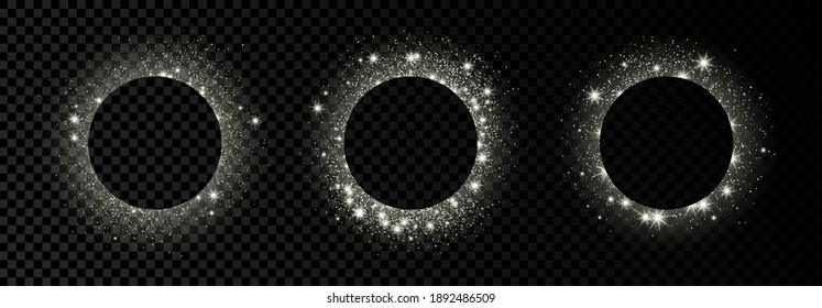 Set of three silver circle frames with glitter, sparkles and flares on dark transparent  background. Empty luxury backdrop. Vector illustration.