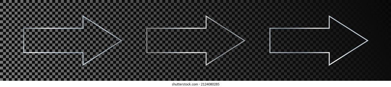 Set of three silver glowing arrow shape frames isolated on dark transparent background. Shiny frame with glowing effects. Vector illustration