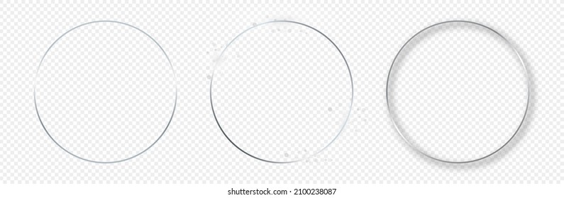 Set of three silver glowing circle frames isolated on transparent background. Shiny frame with glowing effects. Vector illustration