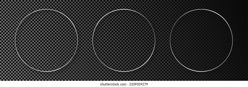 Set of three silver glowing circle frames isolated on dark transparent background. Shiny frame with glowing effects. Vector illustration