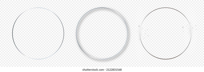 Satz von drei silbernen, leuchtenden Kreisrahmen einzeln auf transparentem Hintergrund. Leuchtender Rahmen mit leuchtenden Effekten. Vektorgrafik