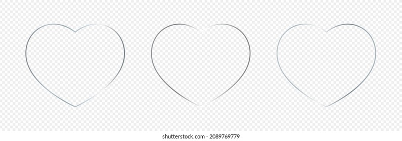 Set of three silver glowing heart shapes isolated on transparent background. Shiny frame with glowing effects. Vector illustration