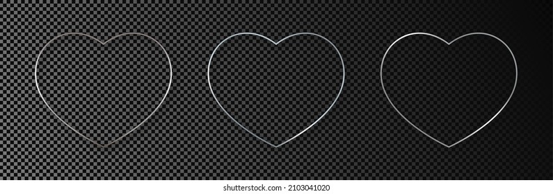 Conjunto de tres formas de corazón brillantes plateadas aisladas sobre fondo transparente oscuro. Marco brillante con efectos brillantes. Ilustración del vector