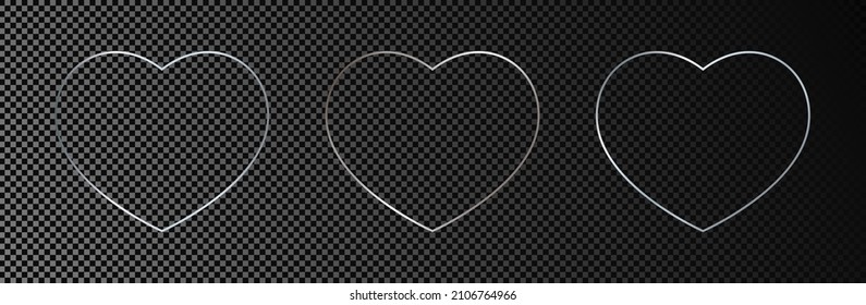 Conjunto de tres formas de corazón brillantes plateadas aisladas sobre fondo transparente oscuro. Marco brillante con efectos brillantes. Ilustración del vector