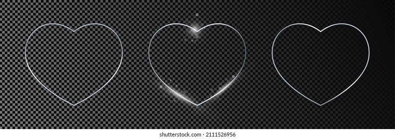 Set of three silver glowing heart shapes isolated on dark transparent background. Shiny frame with glowing effects. Vector illustration