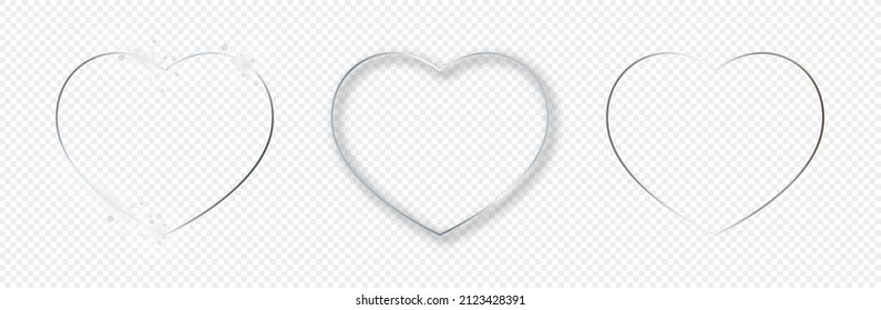 Set of three silver glowing heart shapes isolated on transparent background. Shiny frame with glowing effects. Vector illustration