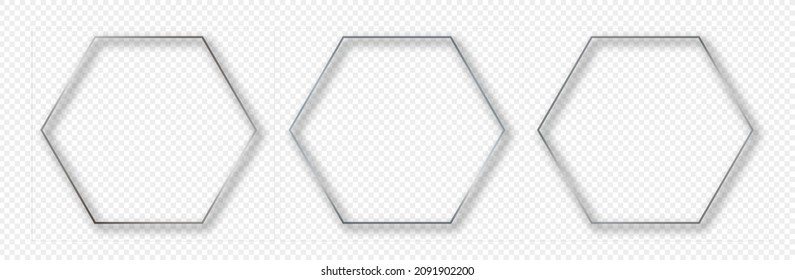 Set of three silver glowing hexagon frames isolated on transparent background. Shiny frame with glowing effects. Vector illustration