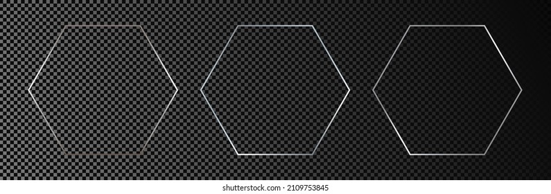 Conjunto de tres marcos hexágonos brillantes de plata aislados sobre fondo transparente oscuro. Marco brillante con efectos brillantes. Ilustración del vector
