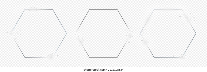 Conjunto de tres marcos hexágonos brillantes de plata aislados sobre fondo transparente. Marco brillante con efectos brillantes. Ilustración del vector